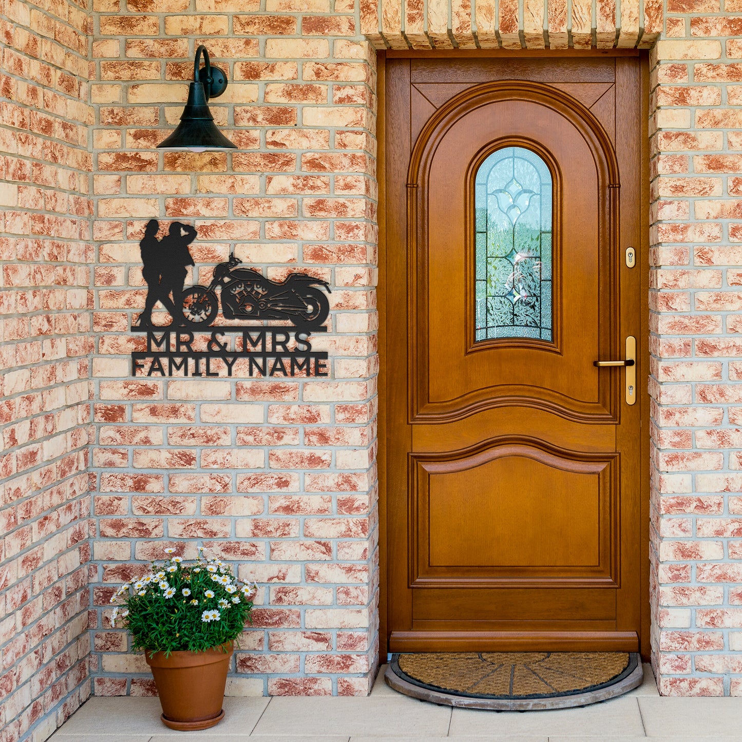 Personalized metal monogram family sign decor, perfect for the elegant Mr & Mrs Harley-Davidson couple.