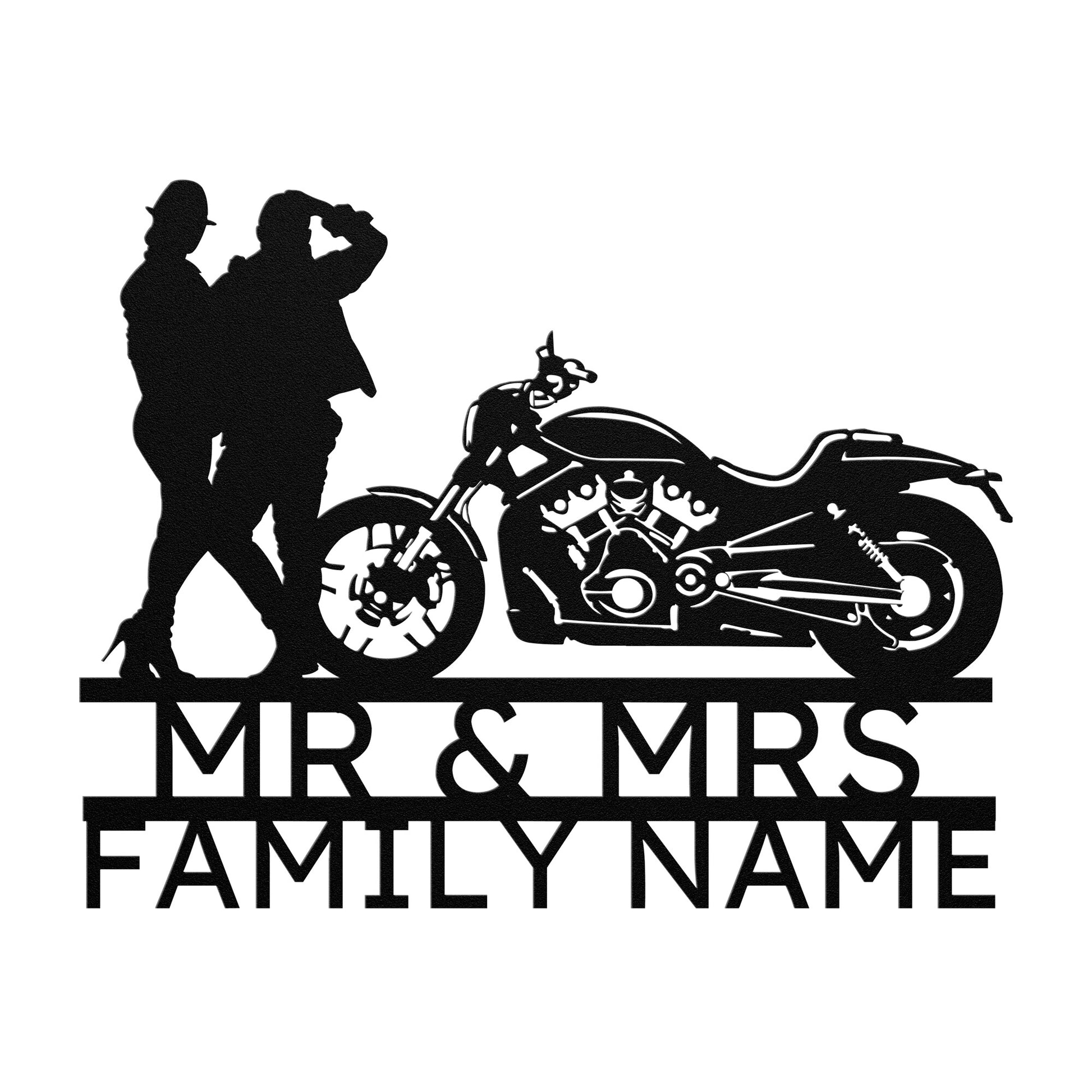 Personalized metal monogram family sign decor, perfect for the elegant Mr & Mrs Harley-Davidson couple.