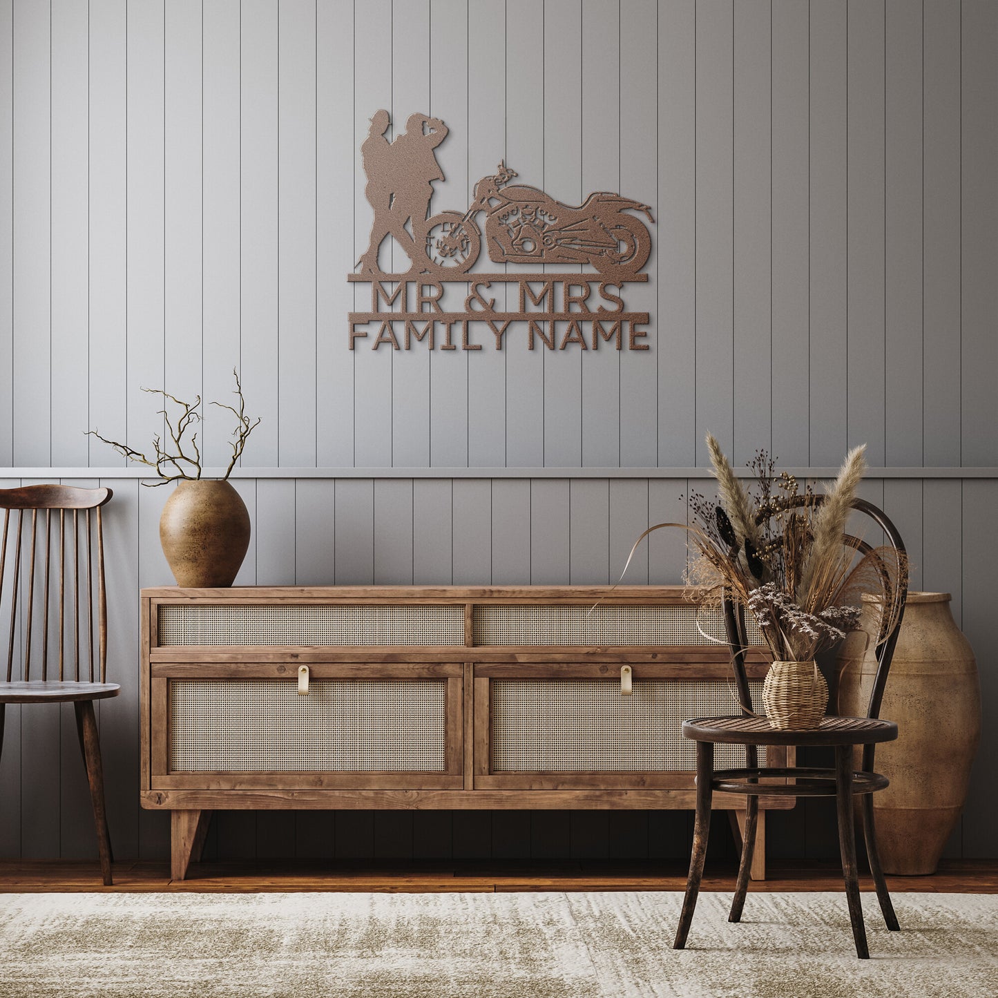 Personalized metal monogram family sign decor, perfect for the elegant Mr & Mrs Harley-Davidson couple.