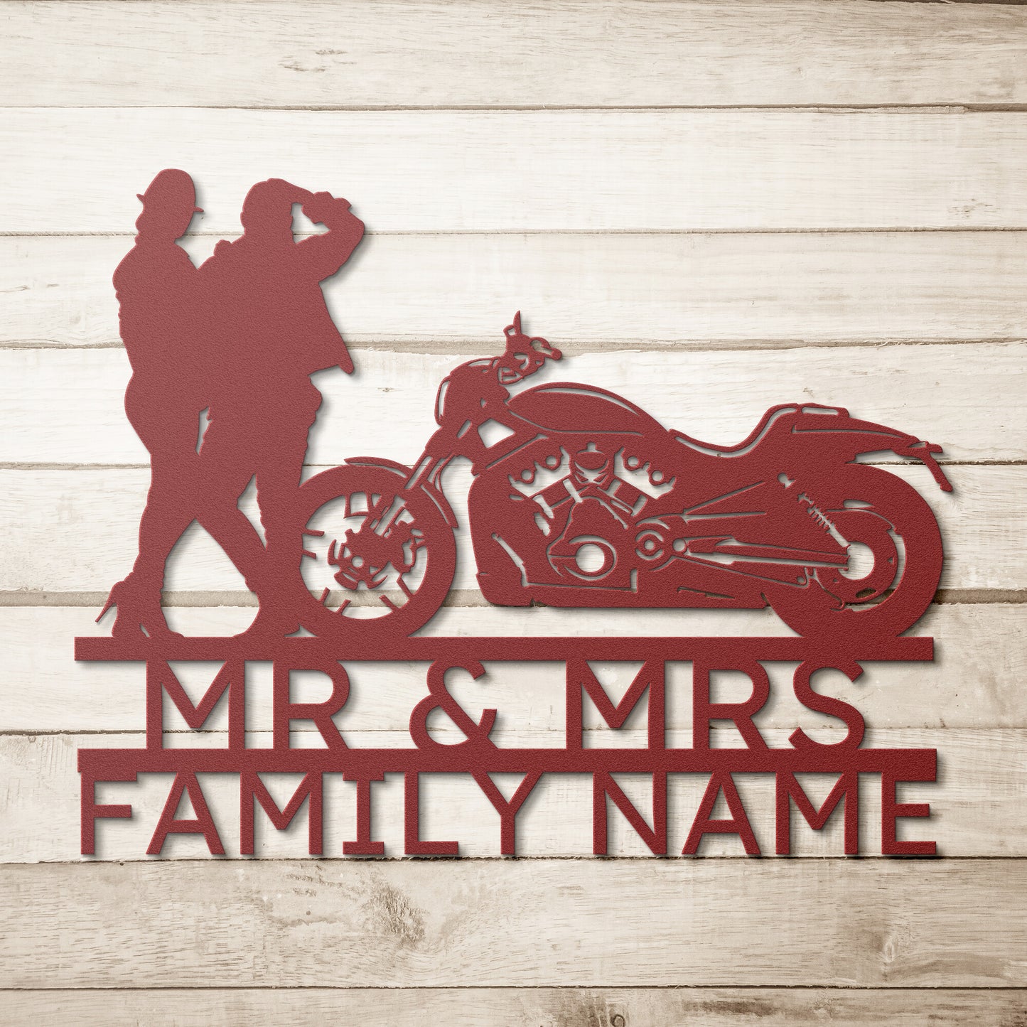 Personalized metal monogram family sign decor, perfect for the elegant Mr & Mrs Harley-Davidson couple.