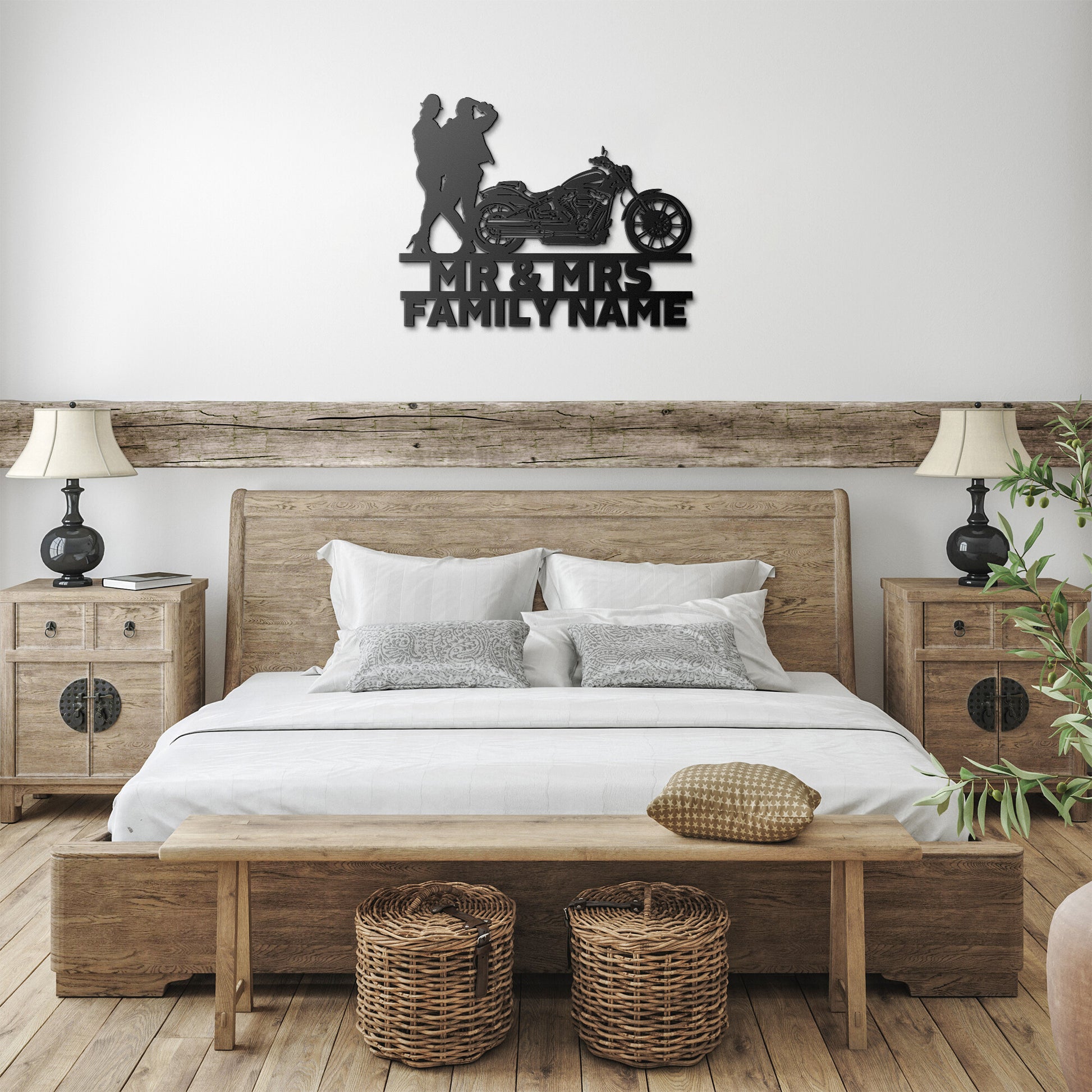 A personalized metal family wall art sign advertising the Mr&Mrs Harley-Davidson couple SET 8.