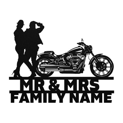 A personalized metal family wall art sign advertising the Mr&Mrs Harley-Davidson couple SET 8.