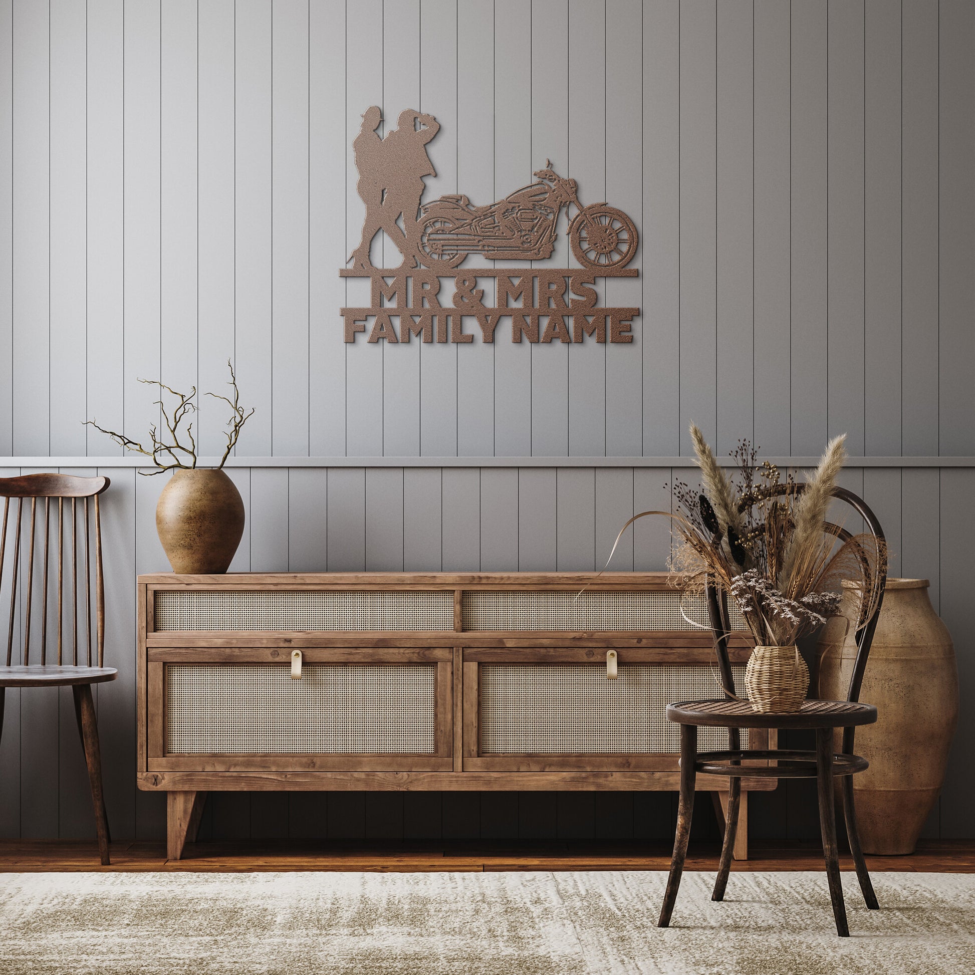 A personalized metal family wall art sign advertising the Mr&Mrs Harley-Davidson couple SET 8.