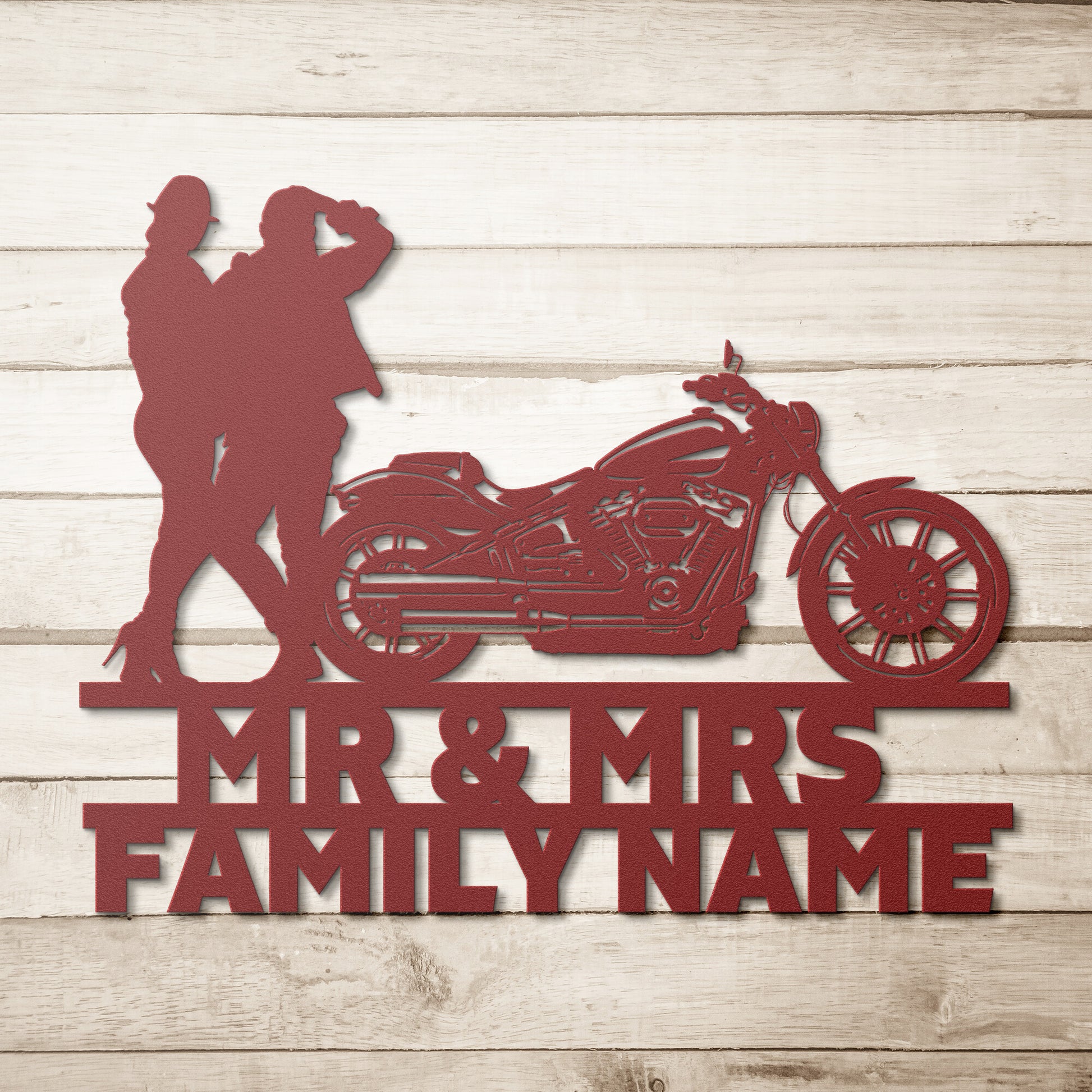 A personalized metal family wall art sign advertising the Mr&Mrs Harley-Davidson couple SET 8.