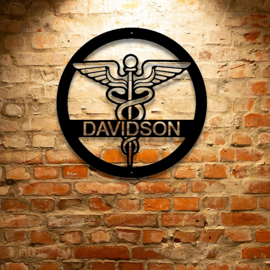 A durable metal sign, featuring a personalized nurse monogram, hanging on a brick wall.