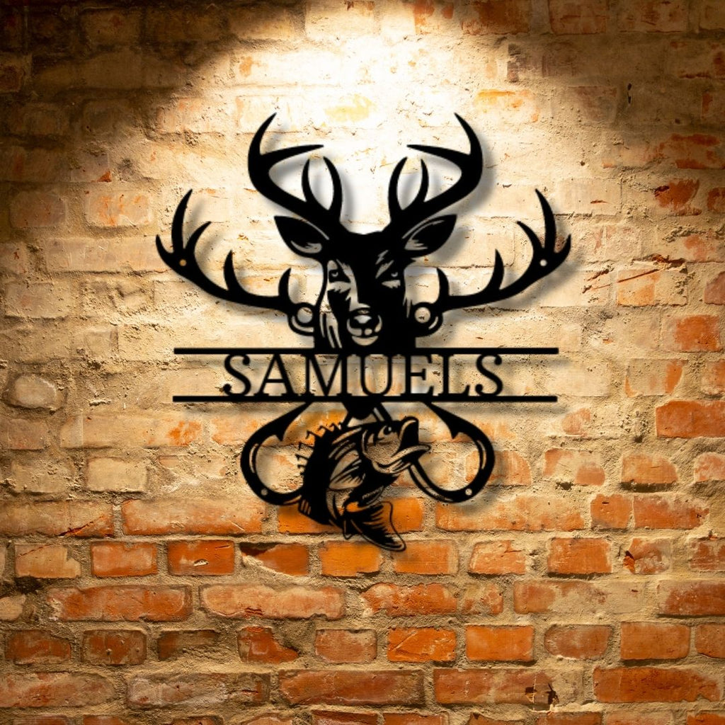 The personalized Outdoorsman Monogram - Steel Sign hangs on a brick wall with deer antlers.