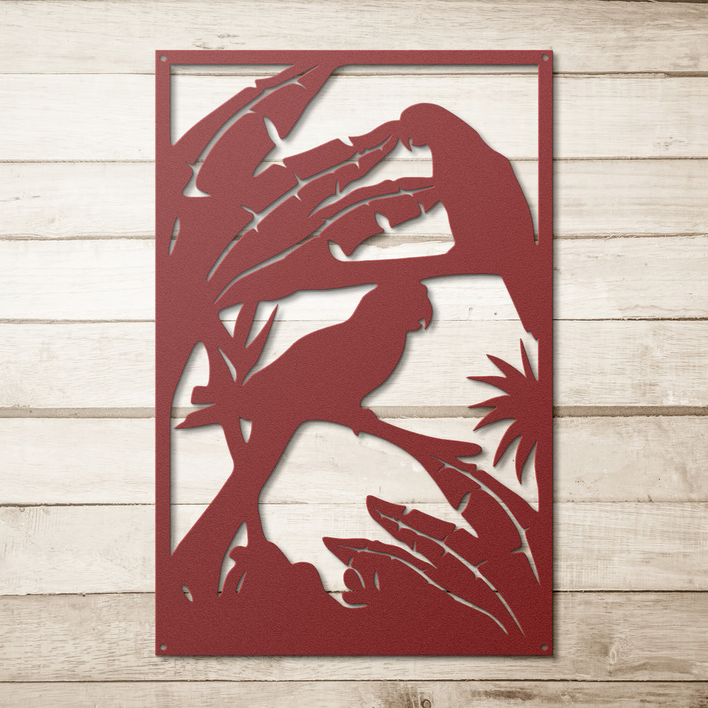 A durable metal wall art depicting a red Parrots Steel Monogram and a palm tree, perfect for outdoor home decor.
