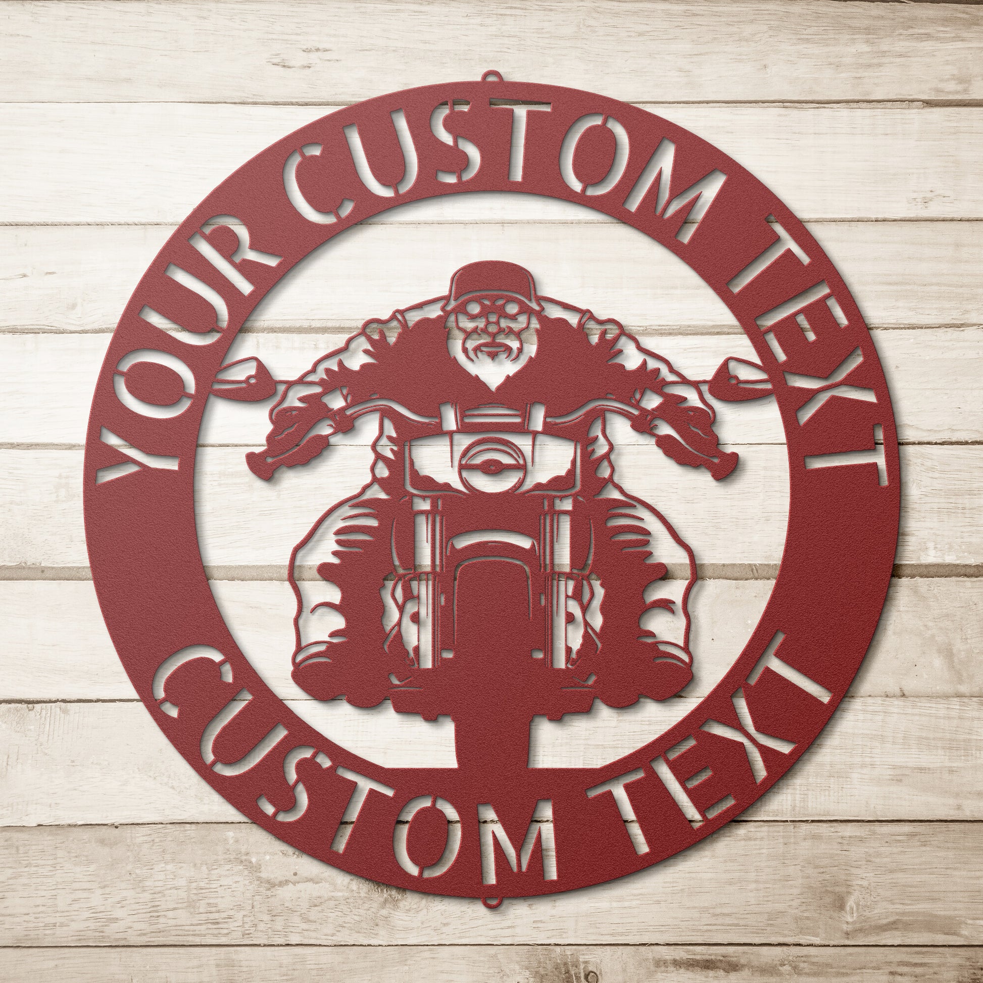 A personalized wooden sign with a picture of a motorcycle, perfect for retro garage sign decor.