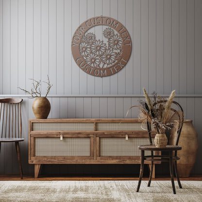 An elegant family sign decor featuring personalized last name and flowers in the garden, on a wood surface.