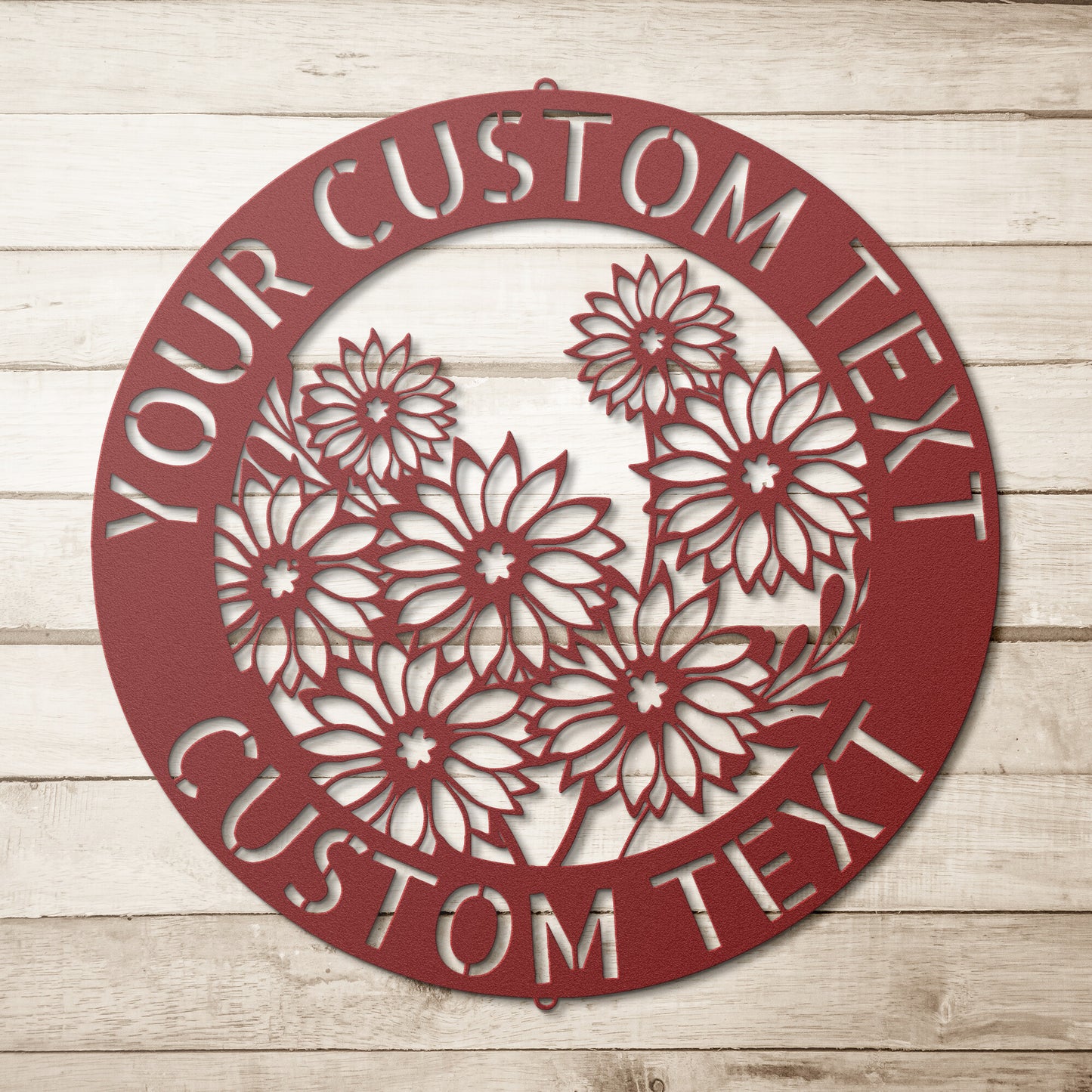 An elegant family sign decor featuring personalized last name and flowers in the garden, on a wood surface.