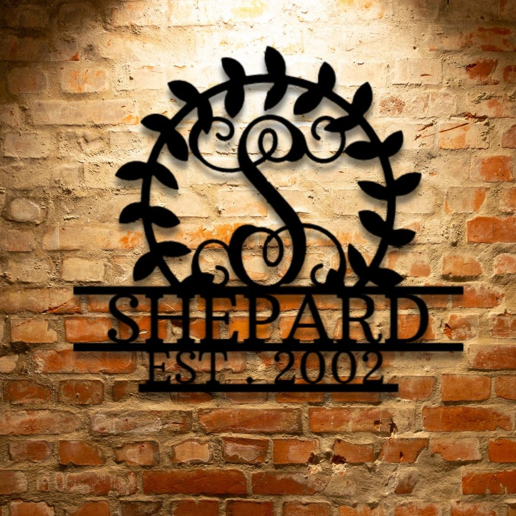 A Unique Personalized Crest - Steel Sign with the name shepard on a brick wall.
