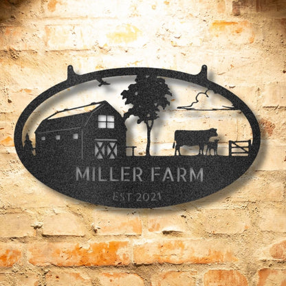 The Personalized Farmstead family Monogram - Custom Metal Wall Art Decor on a brick wall.