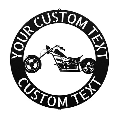 Customized motorcycle signs for retro garage decor.