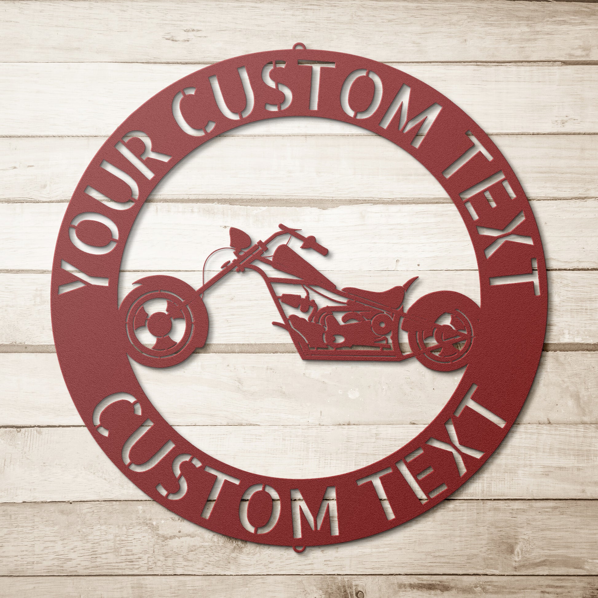 Customized motorcycle signs for retro garage decor.