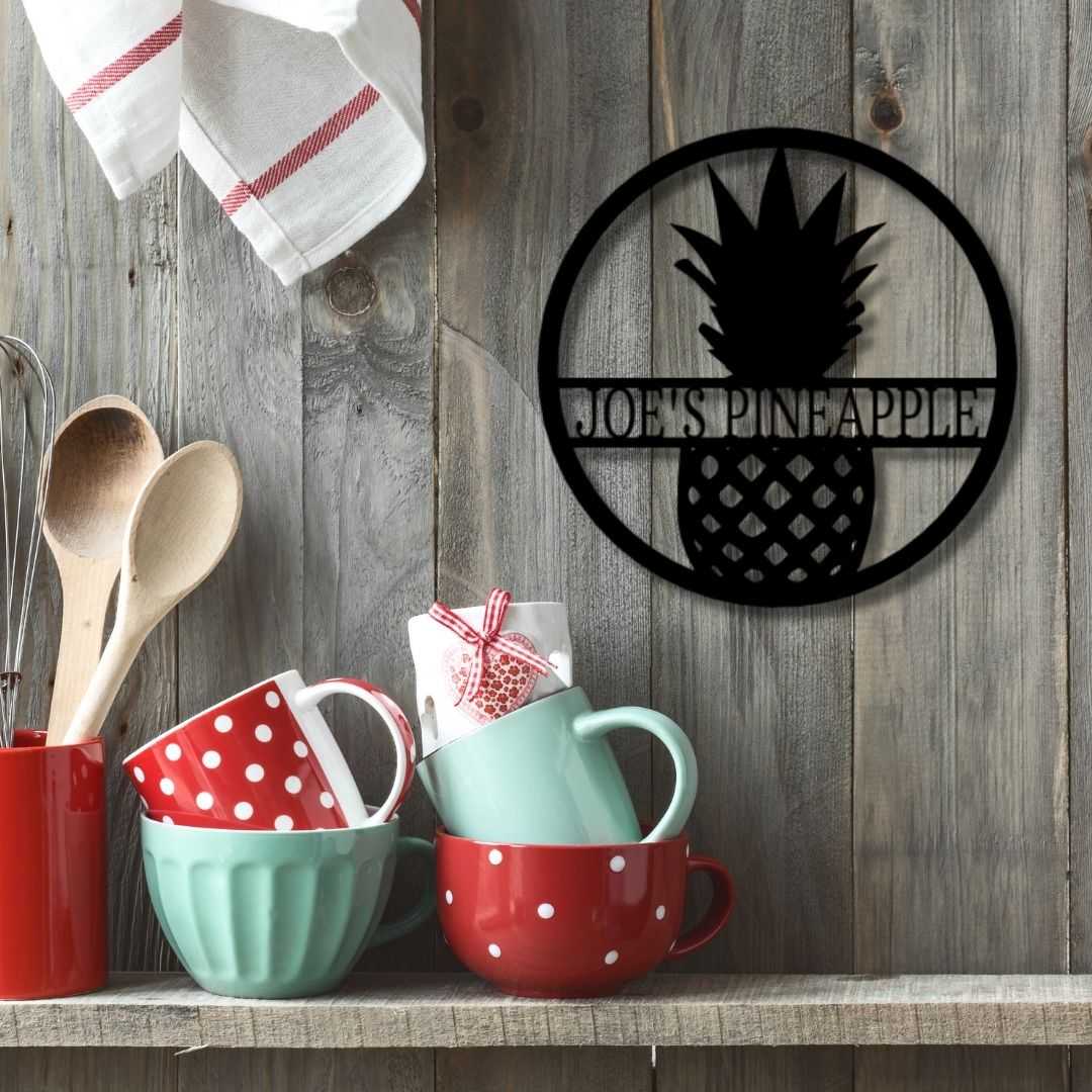 Joe's Pineapple Monogram - Custom Handmade Metal Sign on a durable brick wall.