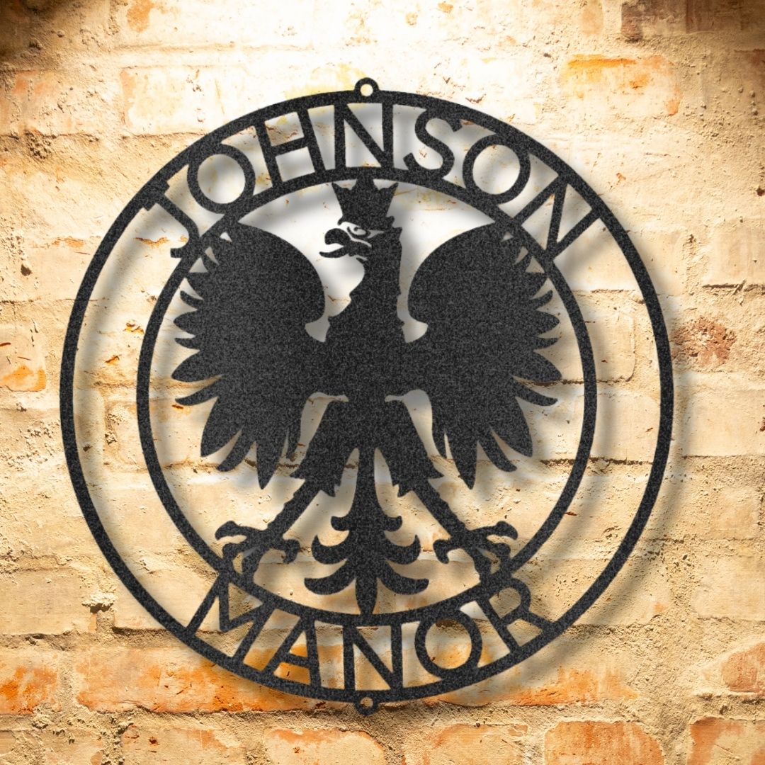 The Polish Eagle Ring Monogram - Personalized Steel Sign on a brick wall.