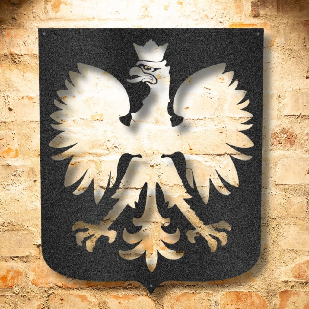 A Durable Steel Sign featuring a Polish Eagle on a brick wall.