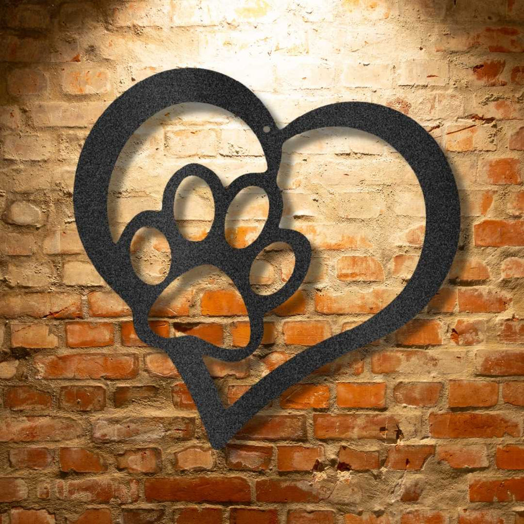 A personalized Metal Wall Art Decor featuring a paw print, perfect as a durable outdoor sign for anyone who loves puppy and family.