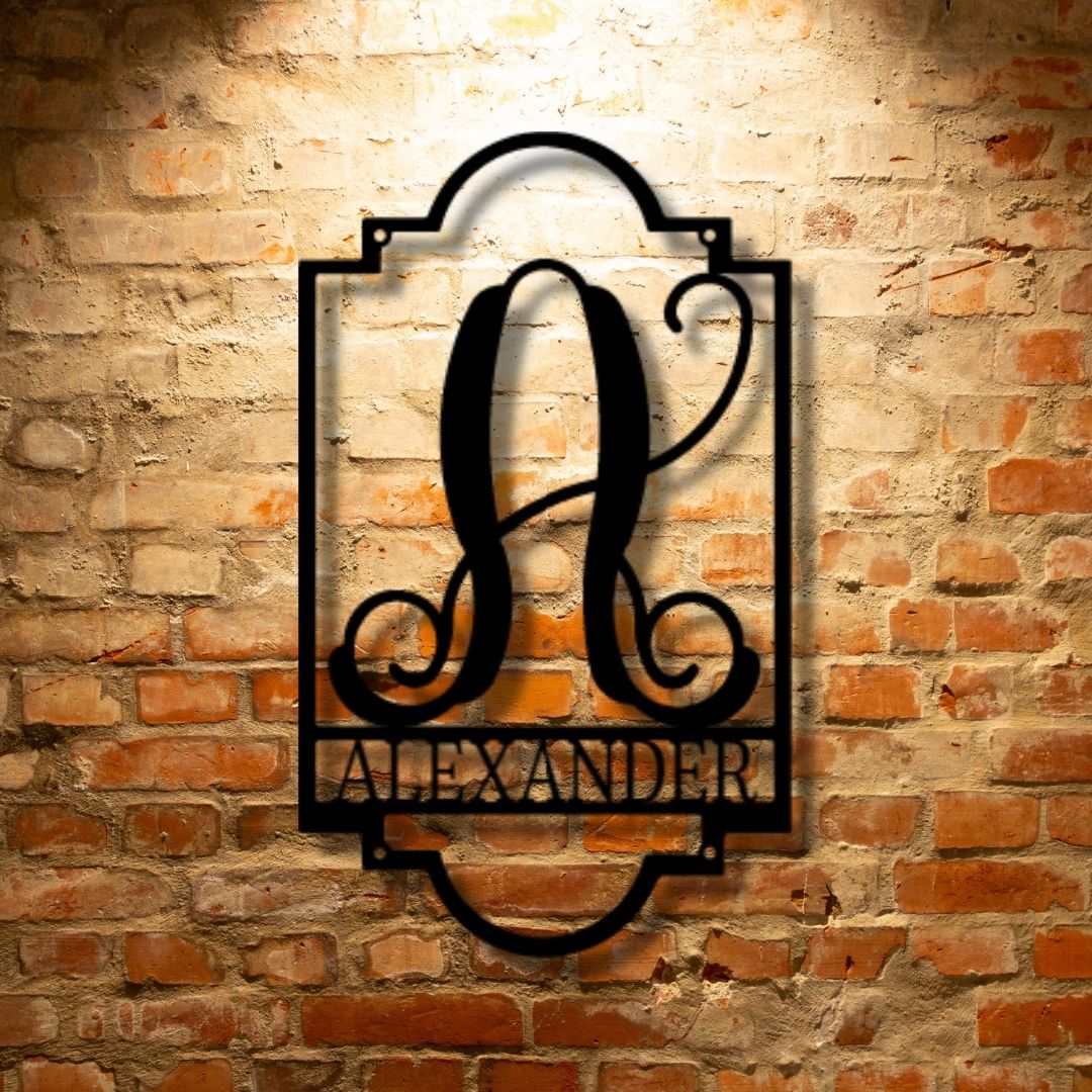 The Regal Monogram - Custom Handmade Steel Sign on a brick wall.