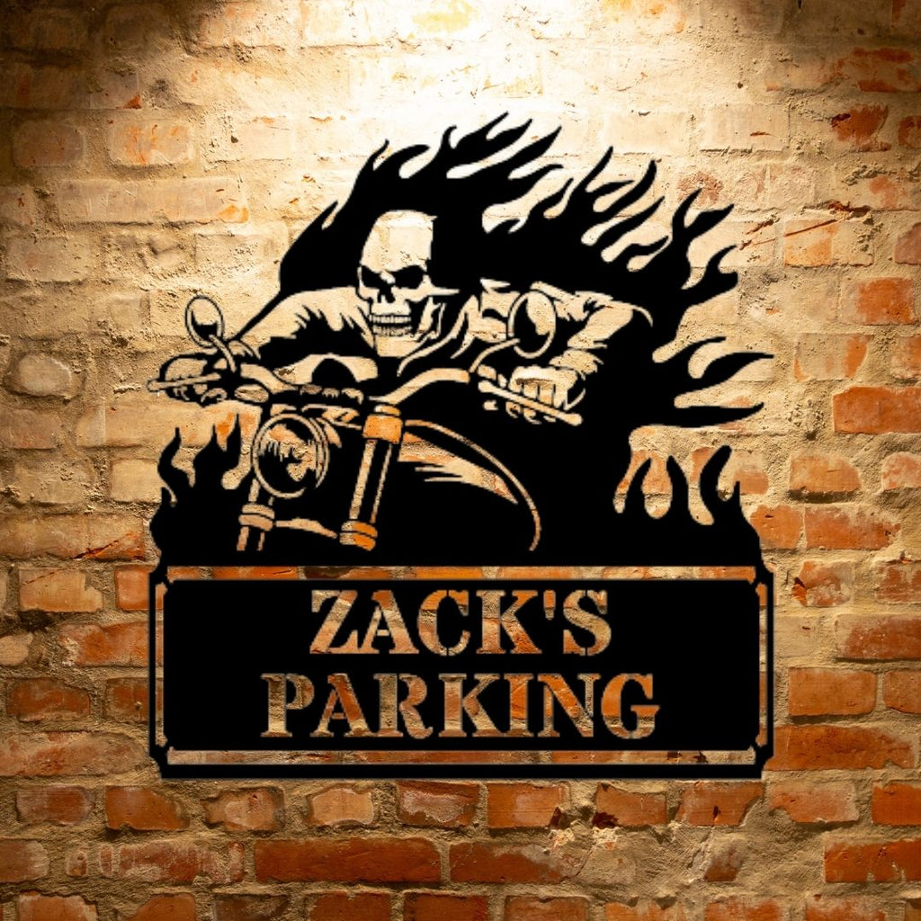 Personalized Garage Sign with a Steel Screaming Demon - Zac's Parking on a Brick Wall.