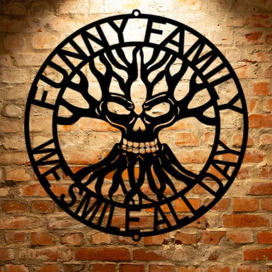 Funny Skull Family Tree Monogram - Steel Sign we smile all day metal wall art, custom handmade durable outdoor metal signs.