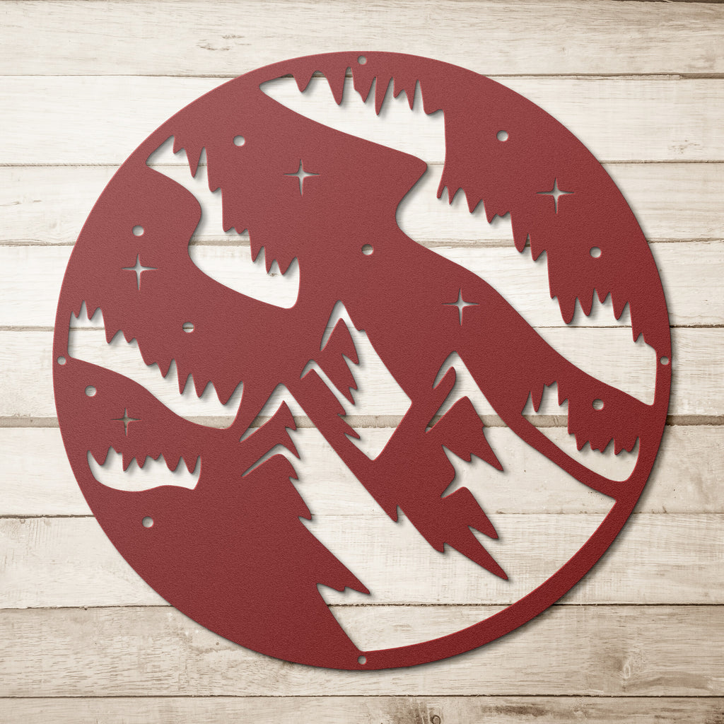A Red Snowy Mountains Steel Monogram Home Wall Art Decor with personalized family signs on it.