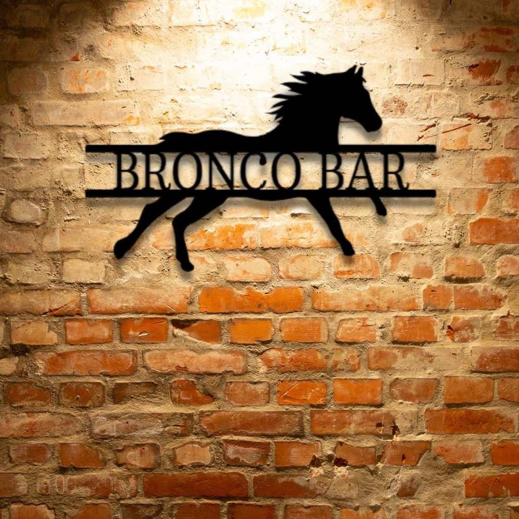 Sprinting Horse Monogram - Personalized Steel Sign on a brick wall.