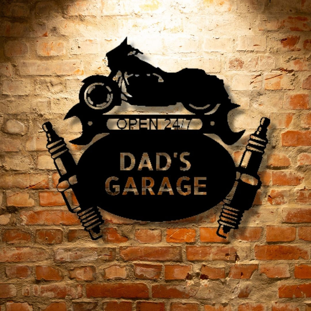 Street Glide Mechanic Monogram - Steel Sign on a brick wall featuring personalized garage signs.
