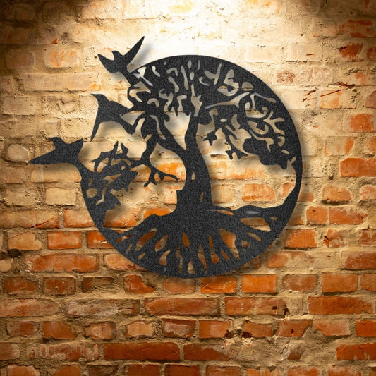 A personalized and custom-made Take Flight Tree - Steel Sign on a brick wall as metal wall art decor.