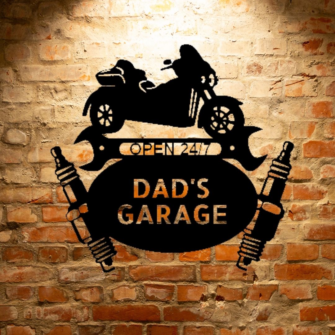 Dad's Trike Mechanic Monogram - Steel Sign on a brick wall combined with Classic Car Steel Signs.