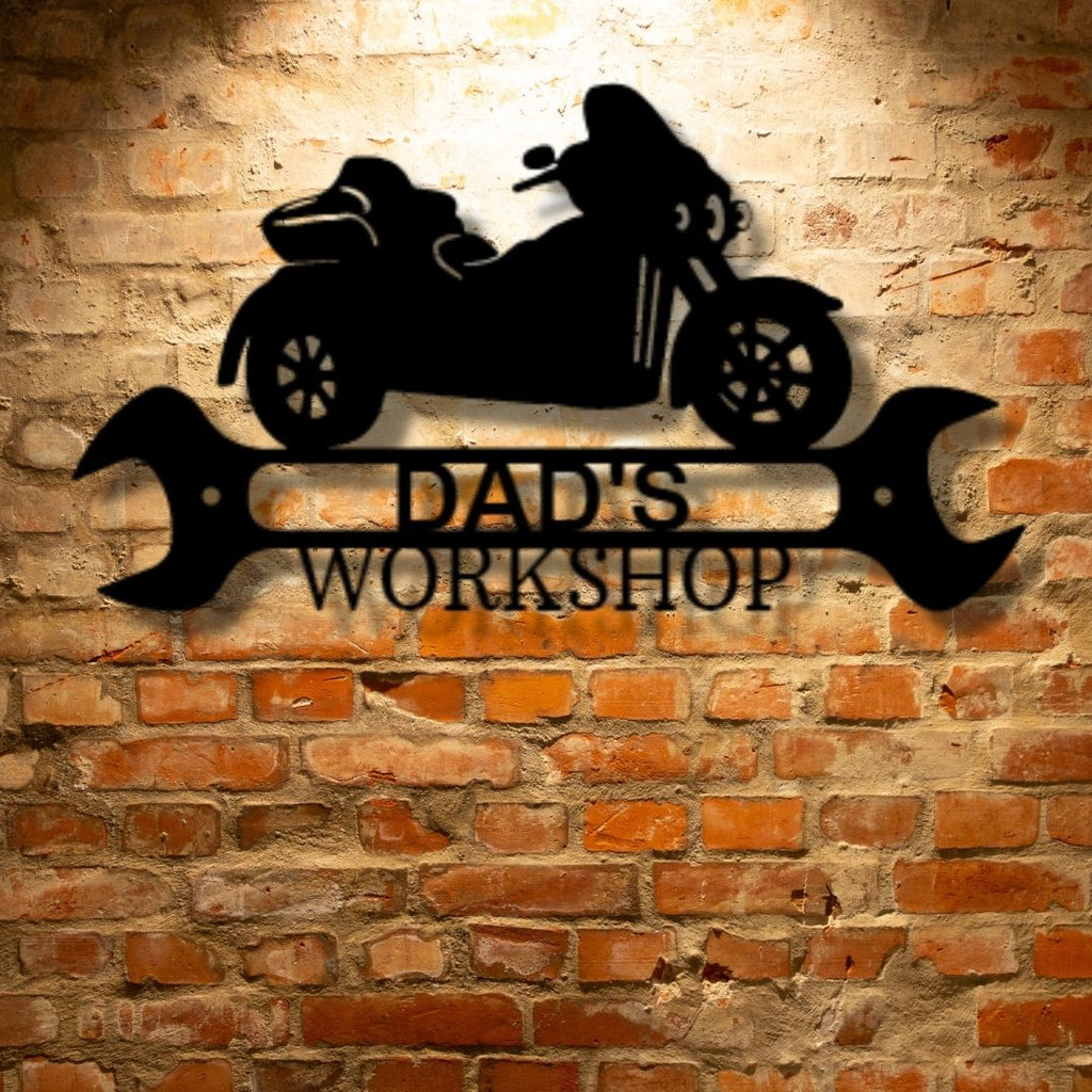 Customized workshop trike shop steel sign with personalized garage monogram.