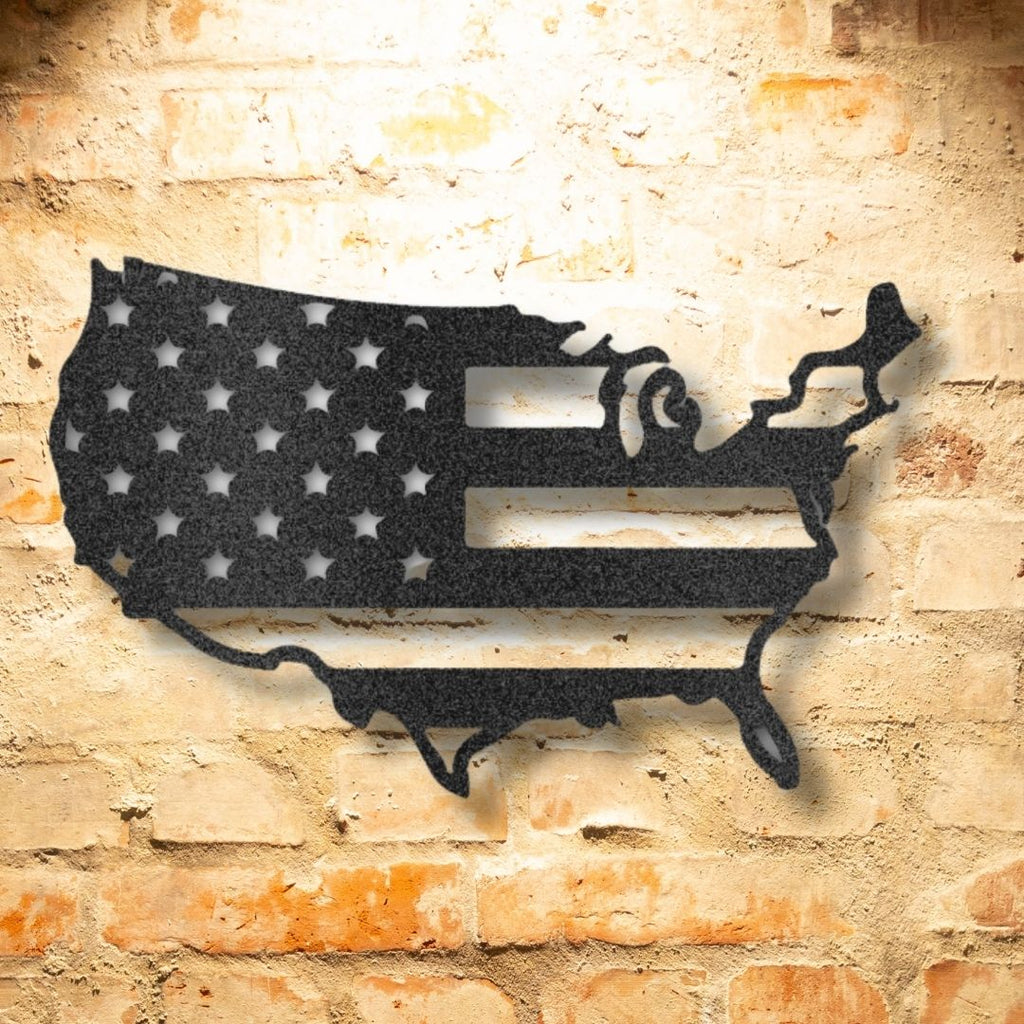 A durable USA Flag steel sign with custom handmade designs on a brick wall.