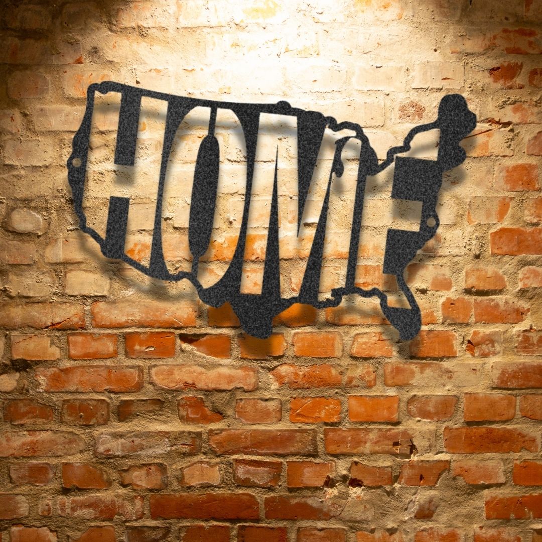 The word "USA Home" is spelled out on a brick wall, creating a Unique Metal Art Gift.