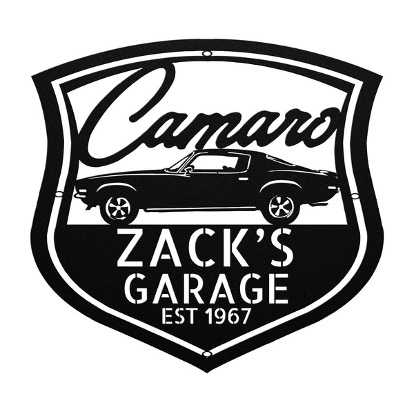 A personalized vintage car metal sign featuring a Chevrolet Camaro 1970 logo on a brick wall.