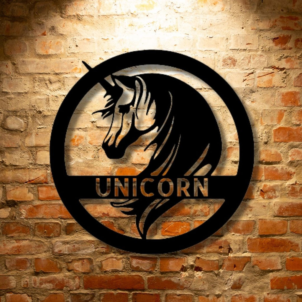 A custom metal wall art piece with the product name "Unicorn Monogram - Steel Sign home decor" on it.
