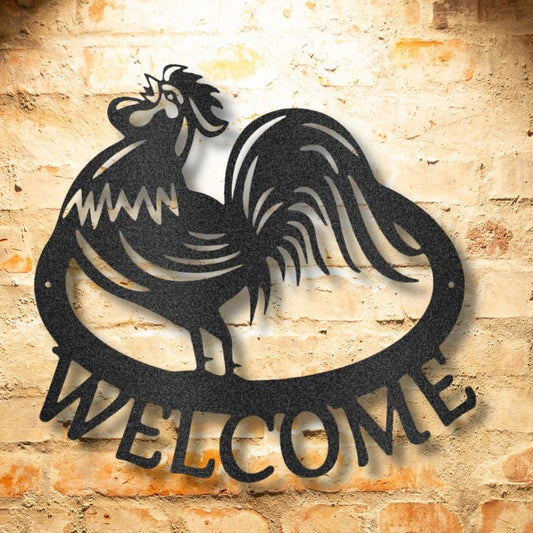 A Custom Handmade Rooster Steel Sign on a brick wall.