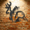 Custom Handmade Metal Wall Art Decor: A Wildlife Calling - Steel Sign of a deer with antlers on a brick wall.