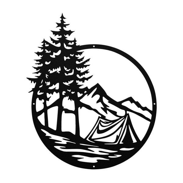 A personalized camping steel sign featuring a camper monogram amidst mountains, trees, and a tent.