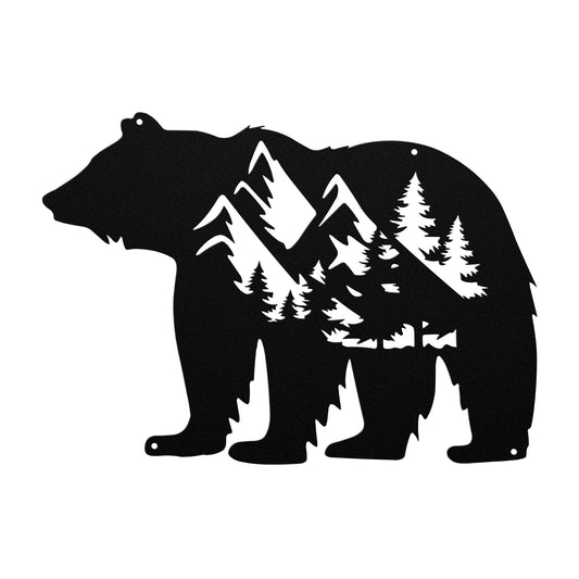 A custom BEAR MONOGRAM sign made of steel, featuring a bear in the forest surrounded by trees and mountains on a white background.