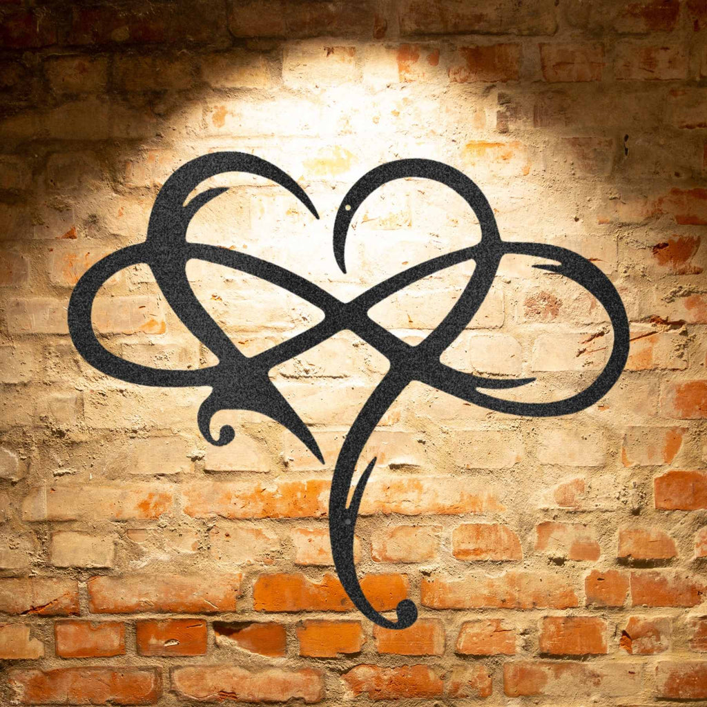 A personalized and durable steel sign featuring an infinity and heart design on a brick wall.