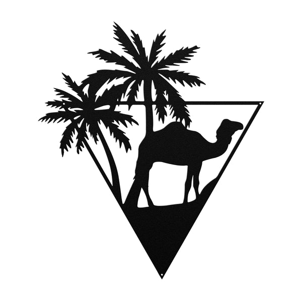 A durable outdoor metal sign featuring a personalized camel and palm trees on a wooden background.