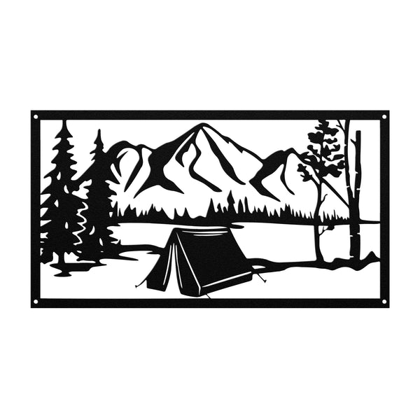 A personalized steel monogram sign featuring a red camping theme, with a tent and mountains in the background.