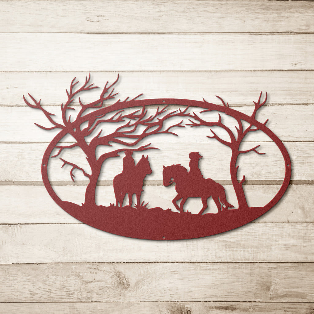 A Unique Metal Wall Art Decor depicting two people riding horses in a wooded area for personalized family signs.
