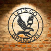 A durable outdoor metal sign with the personalized family design of a brick wall featuring the Screamin Eagle Monogram - Steel Sign and the words let's go brandon.