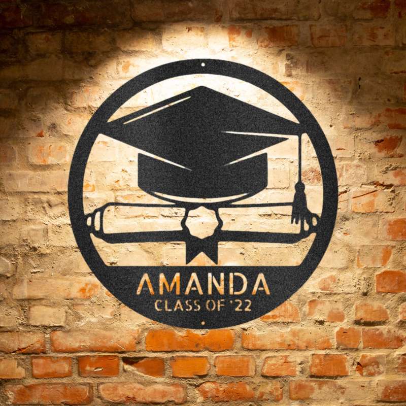 A Unique Metal Art Diploma Monogram Sign personalized with the name Amanda class of 25 for durable outdoor display.