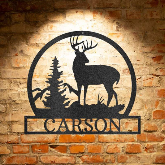 A personalized, metal family wall art - outdoor buck monogram.