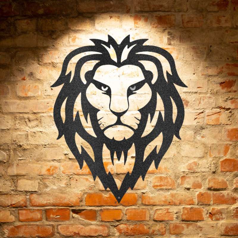 A personalized Lion Head - Steel Sign on a brick wall, serving as metal wall art decor.