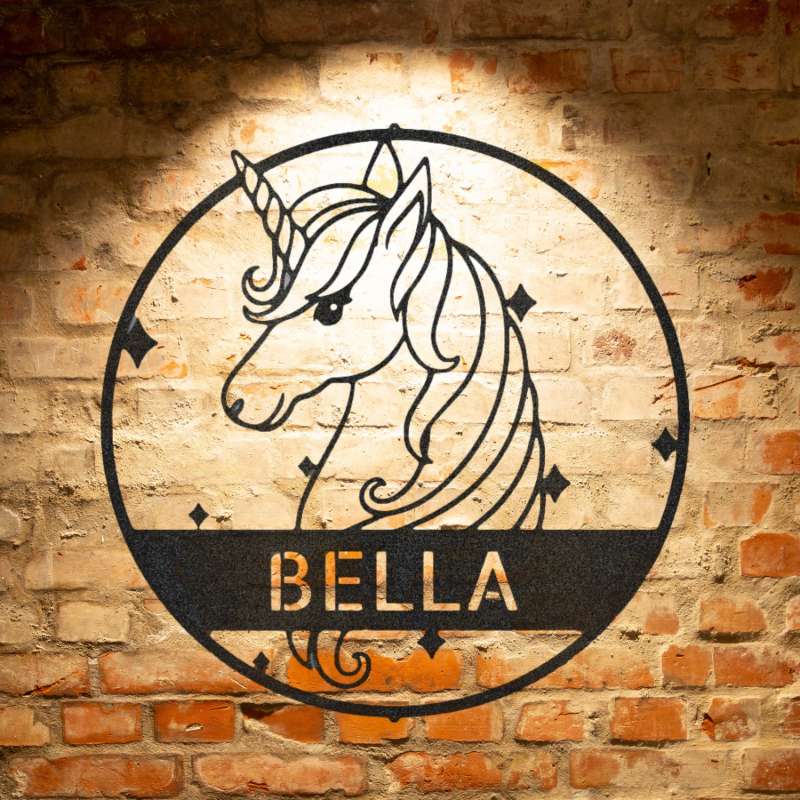 A Cute Unicorn Monogram - Personalized Steel Sign on a brick wall.
