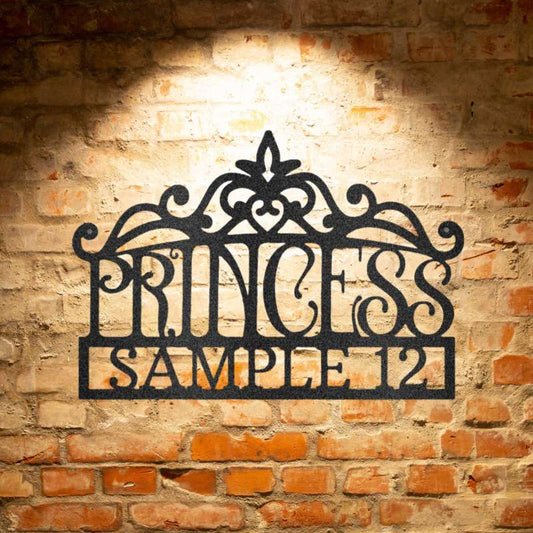 A personalized metal sign featuring the product name Princess Crown Monogram.