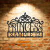 A personalized metal sign featuring the product name Princess Crown Monogram.